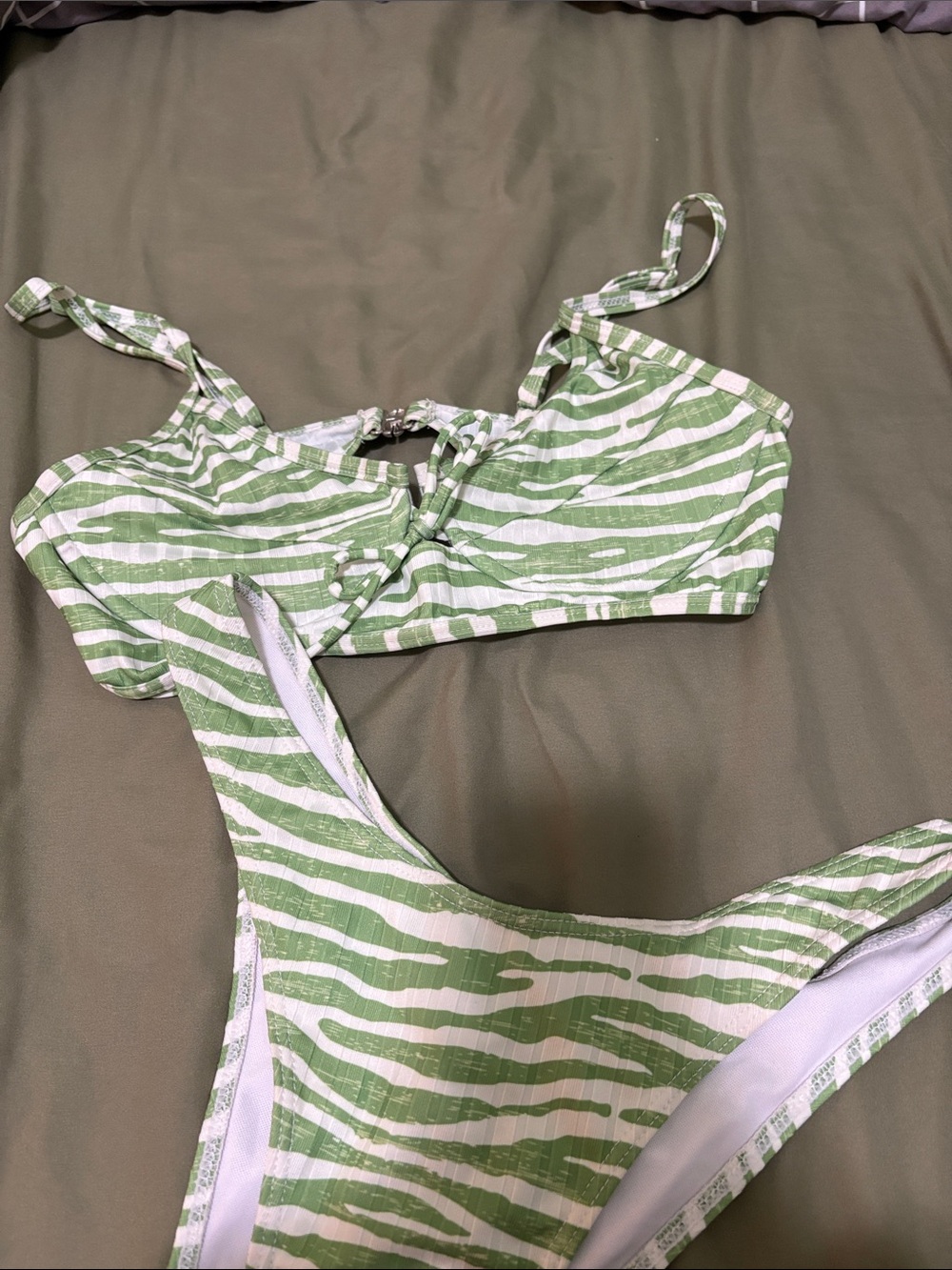 Green and White Zebra Print Bikini Set; Never Worn